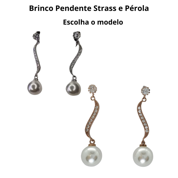 Brinco Pendente Strass e Pérola