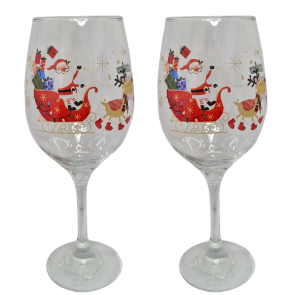 Kit 2 Taça de Vidro Vinho 490 ml de Natal Presente Trenó