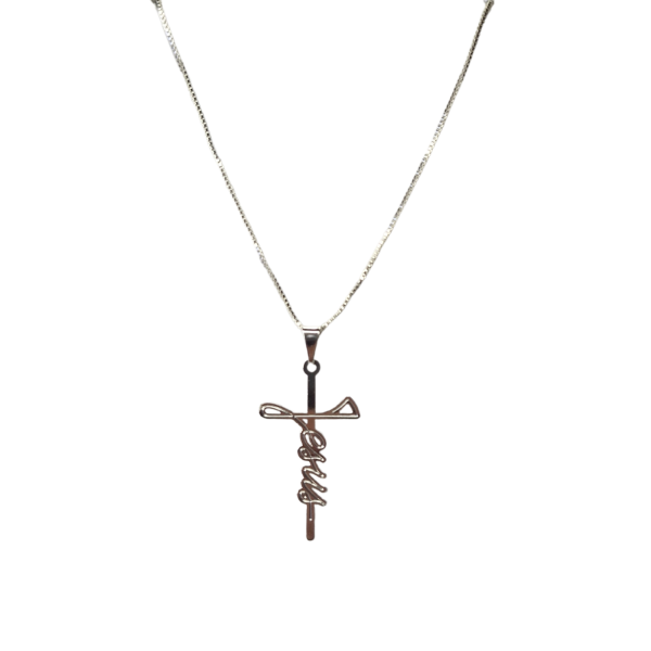 Gargantilha Folheada a Ródio Branco Crucifixo Escrito Jesus
