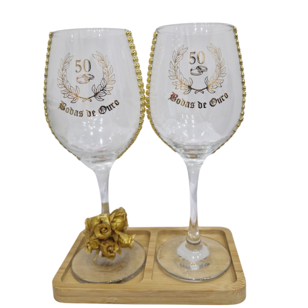 Kit 2 Taças Bandeja Bodas Ouro 50 Anos Rosas Luxo + Presente