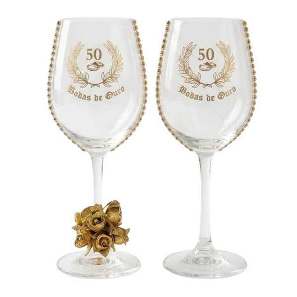  Kit 2 Taças Vidro Bodas de Ouro 50 Anos Luxo Rosa