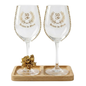 Kit 2 Taças Vidro Bandeja Bodas de Ouro 50 Anos Rosas Luxo Kit 2 Taças Vidro Bandeja Bodas de Ouro 50 Anos Rosas Luxo