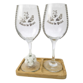 Kit 2 Taças Vidro Bandeja Boda Prata 25 Anos Luxo + Presente
