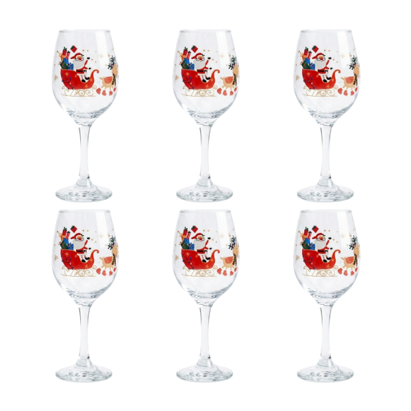 Kit 6 Taças de Vidro Vinho 490 ml de Natal Presente Trenó