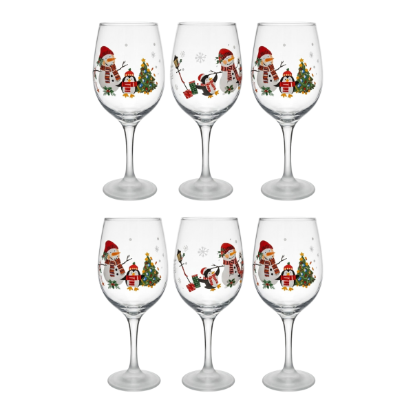 Kit 6 Taças de Vidro Vinho 490 ml de Natal Boneco de Neve