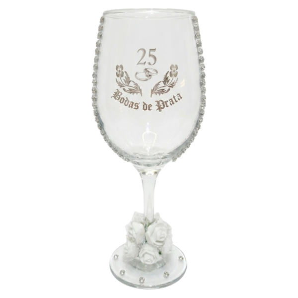 Taça Vidro Bodas de Prata 25 Anos Rosas Casal Vinho