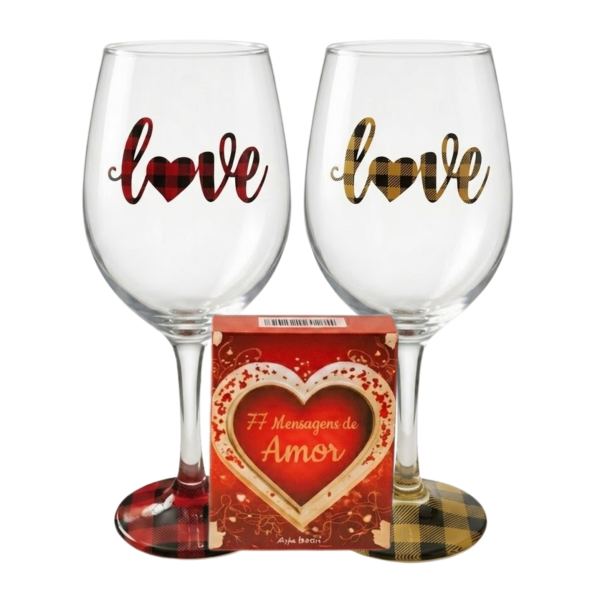 Kit Box do Amor + 2 Taças de Vidro Presente Romântico Casal