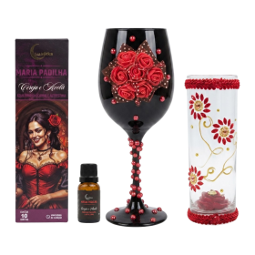 Kit Altar Maria Padilha Completo: Taça, Porta-Vela, Incenso e Óleo Essencial