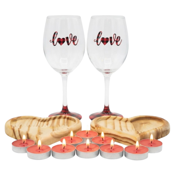 Kit Presente Casal 2 Taças De Vidro Amor Com Velas Vermelhas