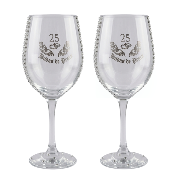 Kit 2 Taças Vidro Bodas de Prata 25 Anos Luxo