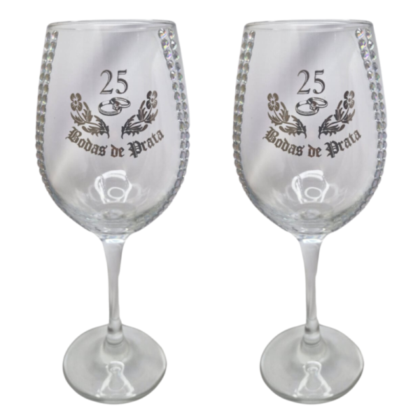 Kit 2 Taças Vidro Bodas de Prata 25 Anos Luxo + Presente