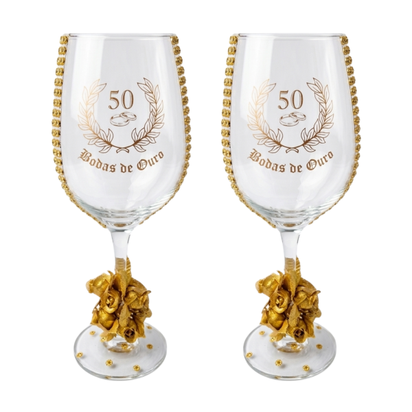 Kit 2 Taças Vidro Bodas de Ouro 50 Anos Rosas