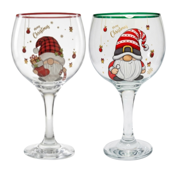 Kit 2 Taças Vidro Gin Vinho 600 ml Duende Decoração de Natal