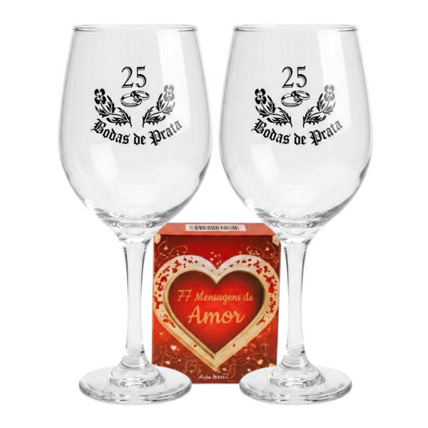 Kit Box do Amor + 2 Taças Bodas de Prata 25 Anos Casal Vinho