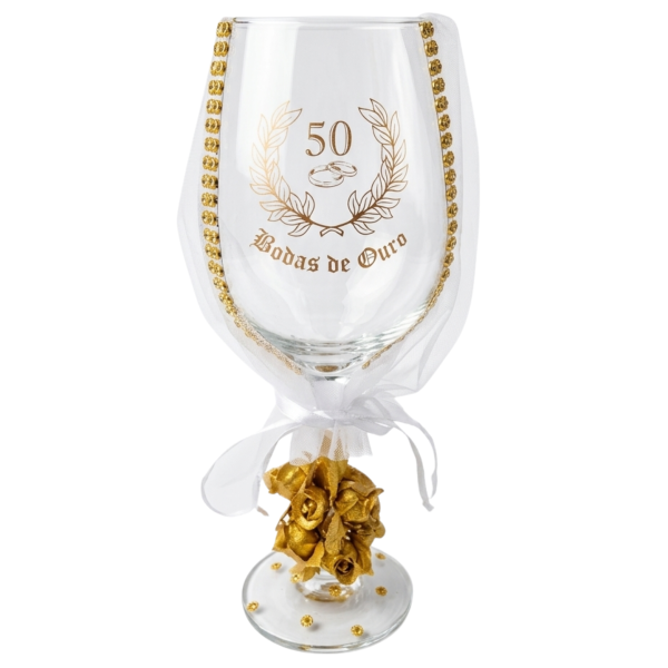 Taça Vidro Bodas de Ouro 50 Anos Rosas Casal Vinho