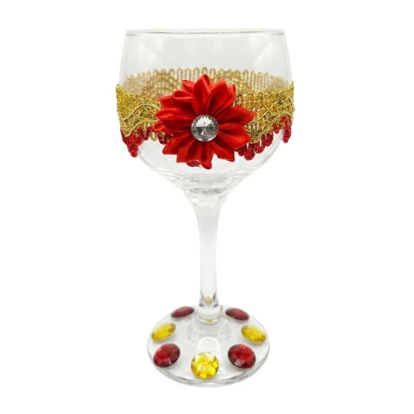  Taça Vidro Cigana Flor Vermelha e Dourada 365 ml + Presente