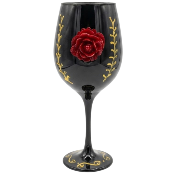 Taça Preta Vidro Pomba Gira Rosa Vermelha com Dourado 490 ml 