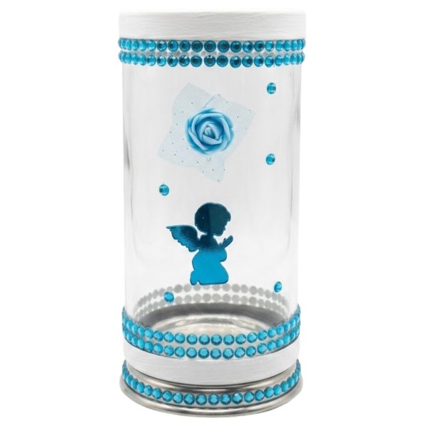 Porta Vela 7 Dias 18 cm  Anjinho Criança Azul em Vidro