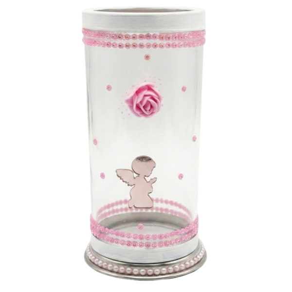 Porta Vela 7 Dias 18 cm Anjinho Criança Rosa em Vidro