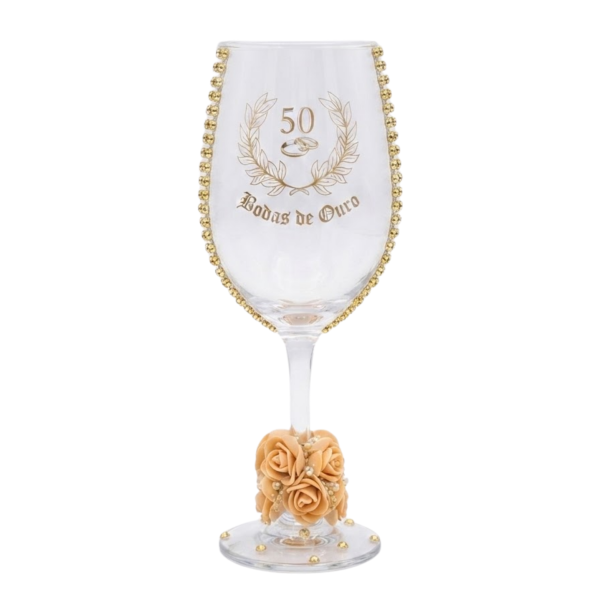 Taça Vidro Bodas de Ouro 50 Anos Rosas Casal Vinho