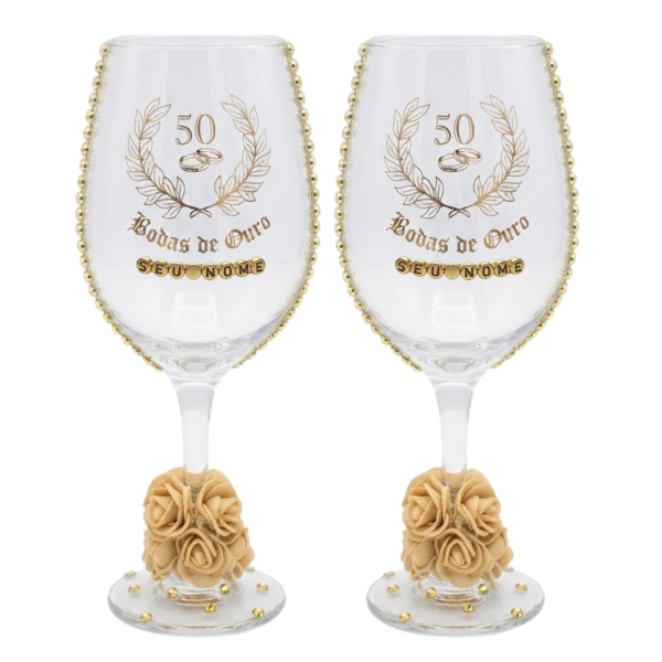 Kit 2 Taças Vidro Bodas de Ouro 50 Anos Personalizada Nome