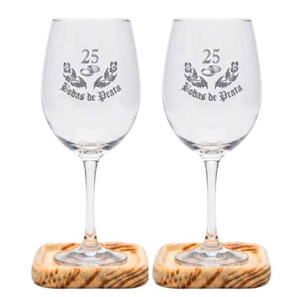 Kit 2 Taças Bodas de Prata 25 Anos + 2 Bandejas de Madeira