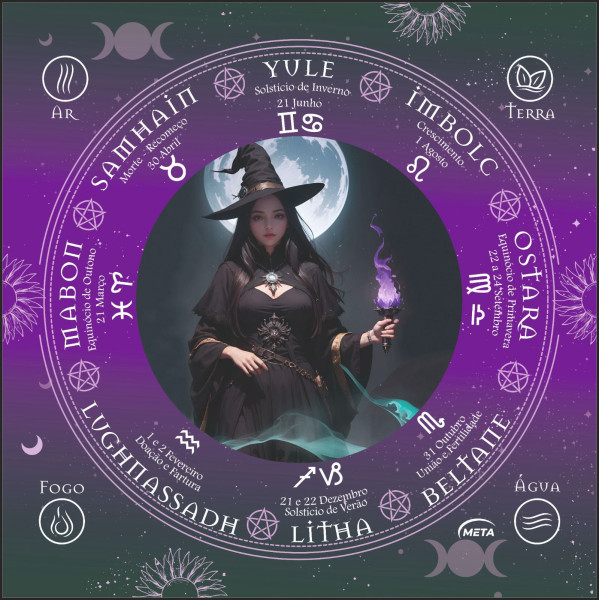 A Legítima Toalha Jogo Cartas Bruxa tocha Wicca 70x70cm Roxa